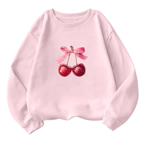 Akklian Cute Sweatshirt for Women Cherry Bow Print Long Sleeve Kawaii Pullover Oversized Loose Teen Girl Preppy Clothes Pink