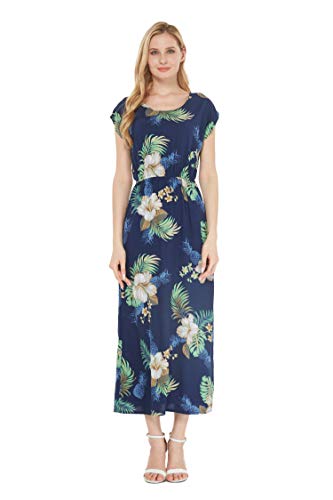 Matchable Hawaiian Luau Mother Daughter Women Cap Sleeve Dress or Girl Round Neck Dress in Pineapple Garden Navy2