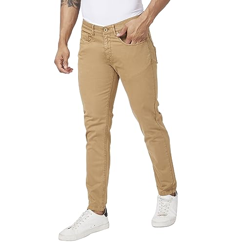 Image of Spykar Men Camel Khaki Cotton Slim Fit Ankle Length Mid Rise Trousers