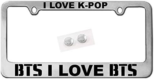 Marco de matrícula personalizado "I Love BTSK-POP, plateado, cromado + calcomanía BTS (mismo color) cromo brillanteajuste universal (negro)