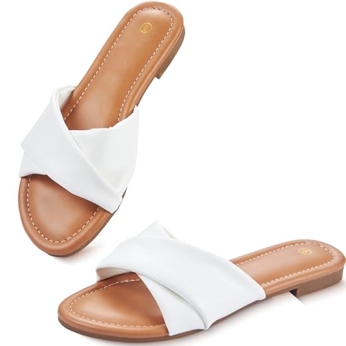 Image of Women's Flat Sandals Round Open Toe Comfortable Fashion Cute Ladies Slides Sandals Women Dressy Summer Flat Leather Casual Fashion Beach Shoes Size 6-11