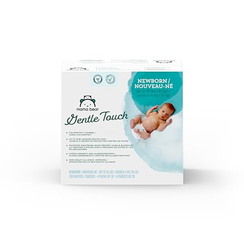 Image of Amazon Brand - Mama Bear Gentle Touch Diapers, Size Newborn, 120 Count (4 packs of 30)