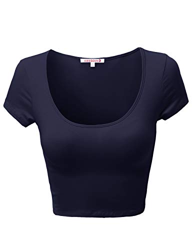 Basic Solid Scoop Neck Slim Fit Short Sleeves Crop Tops Navy M