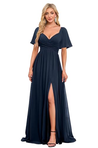 Image of Women's Flutter Sleeves Chiffon Bridesmaid Dresses with Slit Long A Line V-Neck Formal Party Dress with Pockets