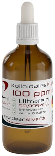 CleanSilver Kolloidales Kupfer 100 ppm, 100ml mit Pipettenaufsatz, Für strahlende Haut und natürliche Vitalität - Ultrarein 99,999% (pharm. Sterilwasser) - Made in Germany