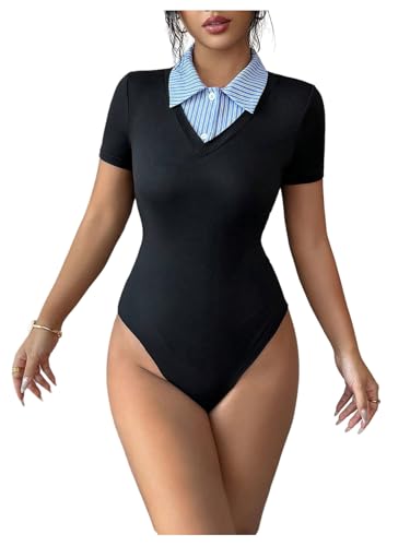 Milumia Womens Striped Short Sleeve Bodysuit Button Collared 2 in 1 Leotard Tee Shirts Black Medium