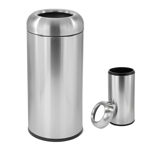 Image of WICHEMI 16 Gallon Commercial Large Trash Can, Bullet Outdoor Trash Bin with Open Top Lid for Patio, Brushed Stainless Steel Garbage Can Kitchen