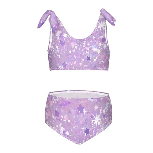 KLL Purple Glitter Texture Background Girls' Two Piece Bikini Set Scoop Neck Swimsuit Swimming Suits Adjustable Shoulder