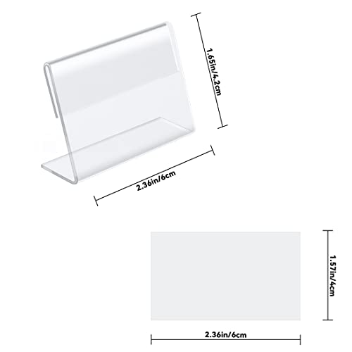 BILLIOTEAM 50pack Mini Clear Sign Display Holder with Blank Labels,2.36*1.57 Inch Horizontal Slanted L-Shape Plastic Name Card Price Card Tag Label Counter Top Stand