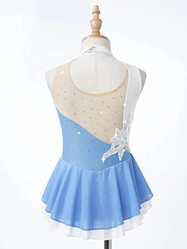 Oyolan Kids Girls Shiny Floral Rhinestone Sleeveless Dance Gymnastics Leotard Dress Figure Ice Skating Dress Light Blue C 10 Years #TOP4