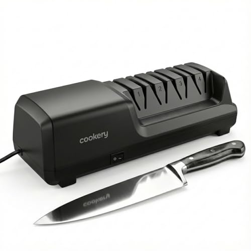 Cookery Messerschärfer Elektrisch 4-Stufen Elektrischer Messerschleifer für alle Messer | Diamant Profi Messerschleifmaschine zum Schärfen & Schleifen von Küchenmessern | Messerschleifgerät