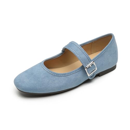Women's Suede Mary Jane Flats with Buckle Comfort Round Toe Soft Sole Non-Slip Ballet Pumps for Leisure, Walking, Shopping