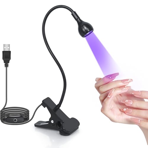 Geisofu UV Nail Lamp - UV Light for Gel Nails, Flash Cure Lamp, LED Gooseneck Flash Cure Lamp for Nails, Manicure Dryer Black Light with Clamp, 365+395nm Wavelength 5V 3W 4 Levels Dimming Black