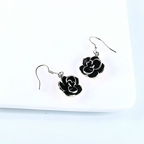 18K Rose Gold Plated Black Rose Flower Hook Earrings3
