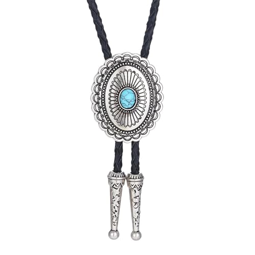 Image of Turquoise Bolo Tie for Men, Leather Braided Necktie Western Cowboy Bola Tie Costume Accessories for Men Women