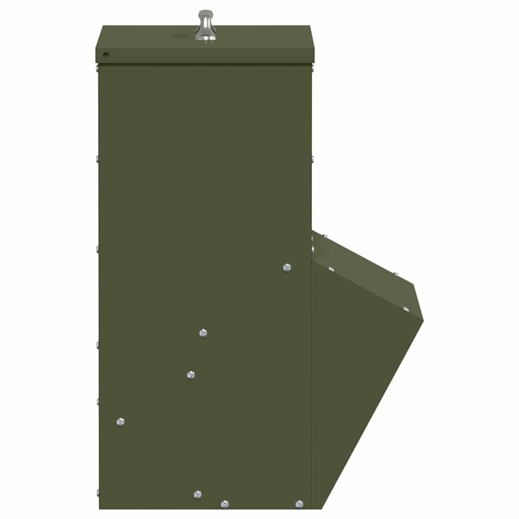 Comedero para pollos verde oliva de acero laminado en frío, 35 x 20,5 x 43,5 cm, resistente a la intemperie, con techo y asa de tapa, para interior y exterior, práctico comedero para aves
