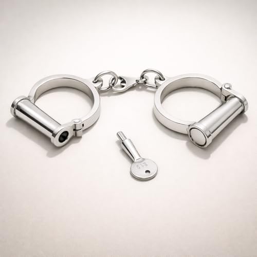 Image of Vintageware Heavy-Duty Carbon Steel Handcuffs with Removable Key, Chrome Finish, Non-Adjustable Metal Cuffs for Theatre, Stage Performances, Film Props, Costume Accessories & Historical Display