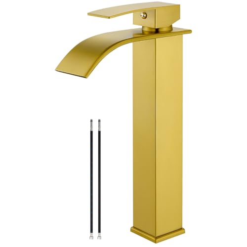 Airuida Brushed Gold Tall Waterfall Bathroom Vessel Sink Faucet Modern Bathroom Vanity Faucet Single Handle Single Hole Farmhouse Bar Mixer Tap Washbasin Faucet Deck Mount