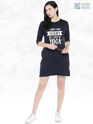 Image of STATUS MANTRA Women's Long T-Shirt Dress - Cotton Casual Knee Length Dress with 3 /4 Sleeves | Soft Bio-Washed Fabric, Crew Neck, Relaxed Fit | Comfy Summer Lounge Wear
