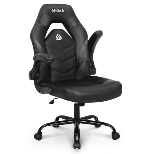 N-GEN Video Gaming Computer Chair Ergonomic Desk Office Chair for Adults with Lumbar Support Flip-Up Arms Adjustable Height Swivel Wheels PU Leather Executive Design for Home and Office (Jet Black)