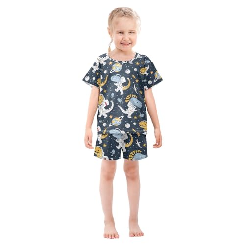 ALAZA Astronaut Dinosaur Star Blue Pajamas Set Short Sleeve Cotton Sleepwear Summer Pjs 2 Piece 5-14Y3