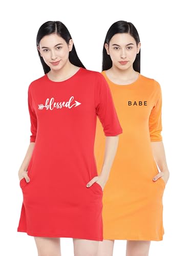 Image of STATUS MANTRA Long T-Shirt Dress for Women - Cotton Knee Length T Shirt Top | 3 /4th Sleeves, Soft Bio-Washed Fabric | Stylish Regular Fit Crew Neck