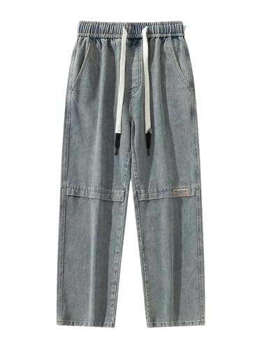 Men's Vintage Large Size Drawstring Wide Leg Denim Pants Cotton Casual Straight Jeans Trousers