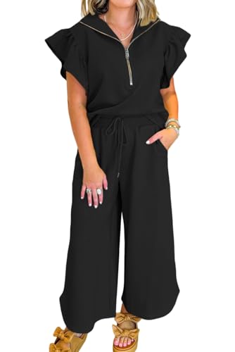 KevaMolly Womens Lounge Sets Textured Ruffled Sleeve Zipped Top and Wide Leg Pants Set Daily Two Piece Sets