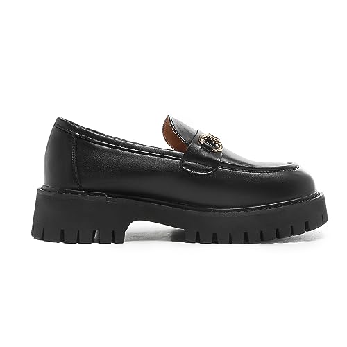 Image of Chunky Loafers Women Platform Loafers for Women Chunky Heel Lug Sole Loafers for Women Slip ons Round Toe