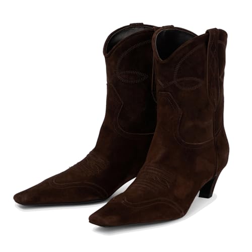 Women's Suede Leather Ankle Boots Cowboy Kitten Heel Square Toe Slip On Embroidery Chelsea Mid Calf Boots Fashion Comfort Low Heel Short Booties