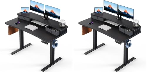 Image of HUANUO 48″ x 24″ Electric Standing Desk with 2 Drawers, C-Clamp Mount Compatible, Height Adjustable Computer Desk, Home Office Stand Up Desk with 4 Preset Heights & 2 Hooks, Black (Pack of 2)