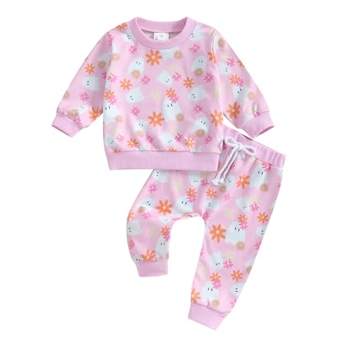 Halloween Baby Girl Outfit Ghost Floral Long Sleeve Round Neck Sweatshirt Tops Pants Toddler Halloween Clothes