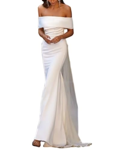 SHANDUAO Beach Backless Wedding Dress for Bride Mermaid Satin Off The Shoulder Bridal Gowns for Wedding Sleeveless Bridal Dresses with Bow White Size 12