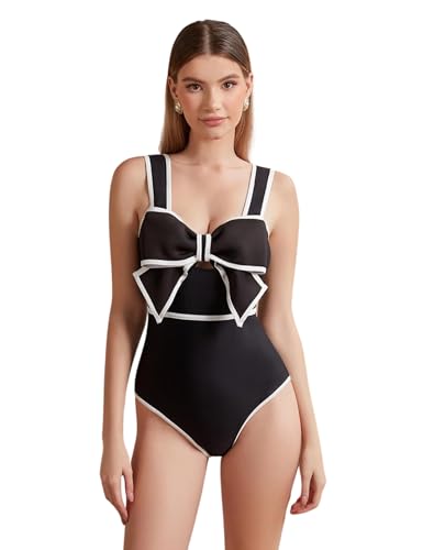 FLAXMAKER Black and White Swimsuit Bow-tie Decor One Piece Bathing Suit