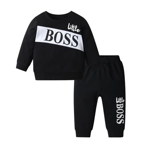 Kumsolu Conjunto de ropa para niño pequeño, conjunto de sudadera de manga larga y pantalón, traje de dos piezas, Negro, 3-6 meses