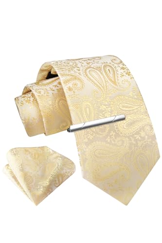 Image of Enlision Mens Champagne Paisley Tie Pocket Square with Tie Clip Necktie and Handkerchief Pin Sets for Business and Wedding