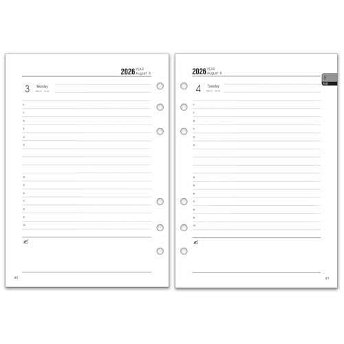 Recharge Agenda Journalier 2026 2027 Format A5, 6 Trous - une Page par Jour 8h-20h, Onglets Mensuel, Pages Notes & Contacts, Recharge Organiseur Planificateur...