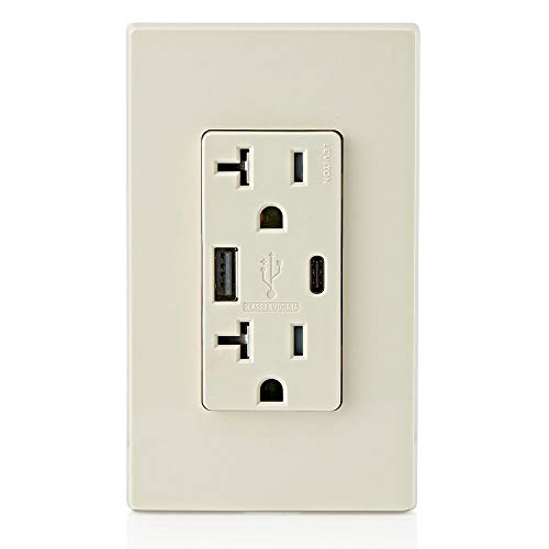 Image of Leviton Type A & Type-C USB in-Wall Charger with 20A Tamper-Resistant Outlet, USB Charger for Smartphones and Tablets. Not for Laptops, T5833-T, Light Almond