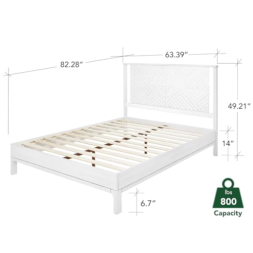 Image of Bme Ethan Queen Bed Frame with Diamond Headboard, Mid-Century Modern, Solid Acacia Wood, No Box Spring Needed, Fits All Mattresses, Rustic White