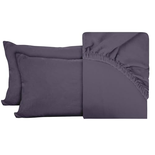 BESCH Sábanas Bajeras Térmica Terciopelo de Cristal Ajustable de 3 Piezas 135x200+25cm + 2 Fundas Almohada de 50x75cm - Bajera Pólar Felpa, Súper Suave y Acogedora (Morado, Cama 135)