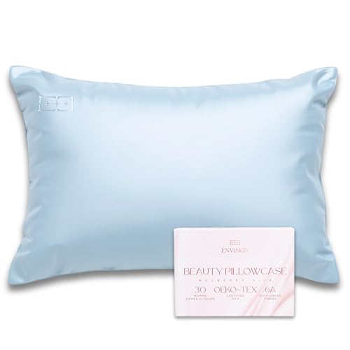Image of 100% Mulberry Silk Pillowcase Infused with Silver Ions - Pure 30 Momme Grade 6A Fibers for Beautiful Skin and Hair - Cooling Pillow Case Protector with Zipper (Standard) Sky Blue