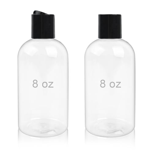 Neendohome 2 Pack 8 oz Empty Plastic Bottles with Black Disc Caps Reusable Clear Leak-Proof Travel Squeeze Containers for Shampoo Conditioner Toiletries Liquid Soap
