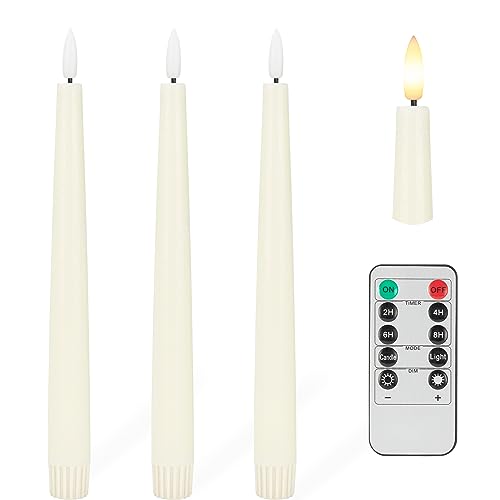 Image of Flameless Taper Candles with 3D Wick, 9.6 inch Real Wax LED Candles with Remote and Timer, 3 Pack Flickering Candlesticks Battery Operated, Classic Tall Taper Candles for Home, Wedding, Party, Ivory