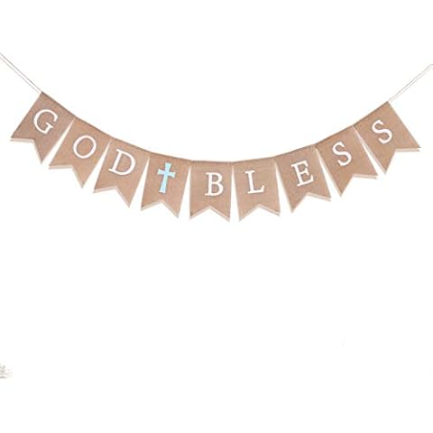 WAWOO God Bless Banner - First Communion Decoration, Baptism Decor,God Bless Decoration,Photo Props Crosses,1st Communion Party (BLUE GOD BLESS) Cover
