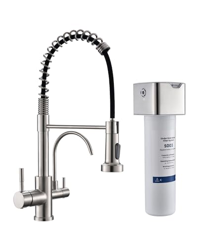 Image of GIMILI 3 in 1 Kitchen Faucet with Pull Down Sprayer Brushed Nickel Two Handle Kitchen Sink Faucet with Under Sink Water Filter System Reduces PFAS, PFOA /PFOS, Lead, Chlorine, Bad Taste & Odor