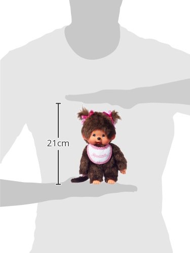 Sekiguchi 255550 - Original Monchhichi Mädchen, Plüschtier mit weiß-pinkem Lätzchen und Zöpfen mit Schleifen, ca. 20 cm großes Kuscheltier aus braunem Plüsch