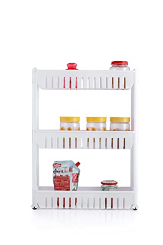 Image of JD FRESH 3-Tier Slim Rolling Storage Organizer Rack /Fridge Side Storage Rack /Plastic Trolley Storage Stand with Wheels /Floor Standing Cabinet for Bathroom and Kitchen Corner Area (White)