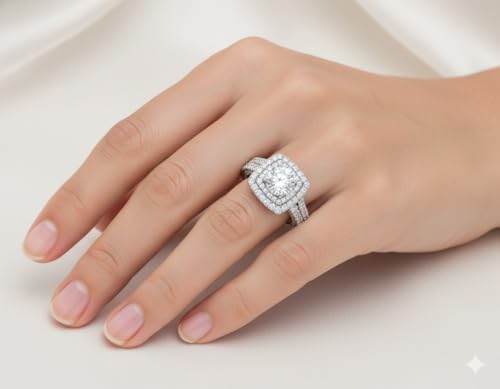 Image of 55Carat Choose Your Gemstone Double Band Square Halo Diamond CZ Ring 925 Sterling Silver Round Shape Halo Engagement Rings Everyday Jewelry Wedding Jewelry Handmade Gifts for Wife US Size 4 to 12
