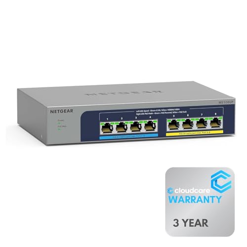 Image of NETGEAR MS108UP 8-Port Unmanaged Switch | 4 x 100 /1000 /2.5G (PoE++) + 4 x 100 /1000 /2.5G (PoE+) | Desktop & Wall-Mountable | 𝐏𝐨𝐄++ 230W | Cloud Care's 3-Year Warranty SupportPlus Included