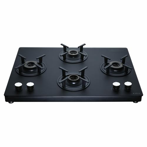 Image of Elica 70cm 4 Burner Gas Stove | Auto Ignition | Matt Finish Toughened Glass Top | SABAF Brass Burners | 10 Yr Burner & 5 Yr Glass Warranty | SBF MATT LOTUS TKN 694 CT VETRO 2J AI BK | Black